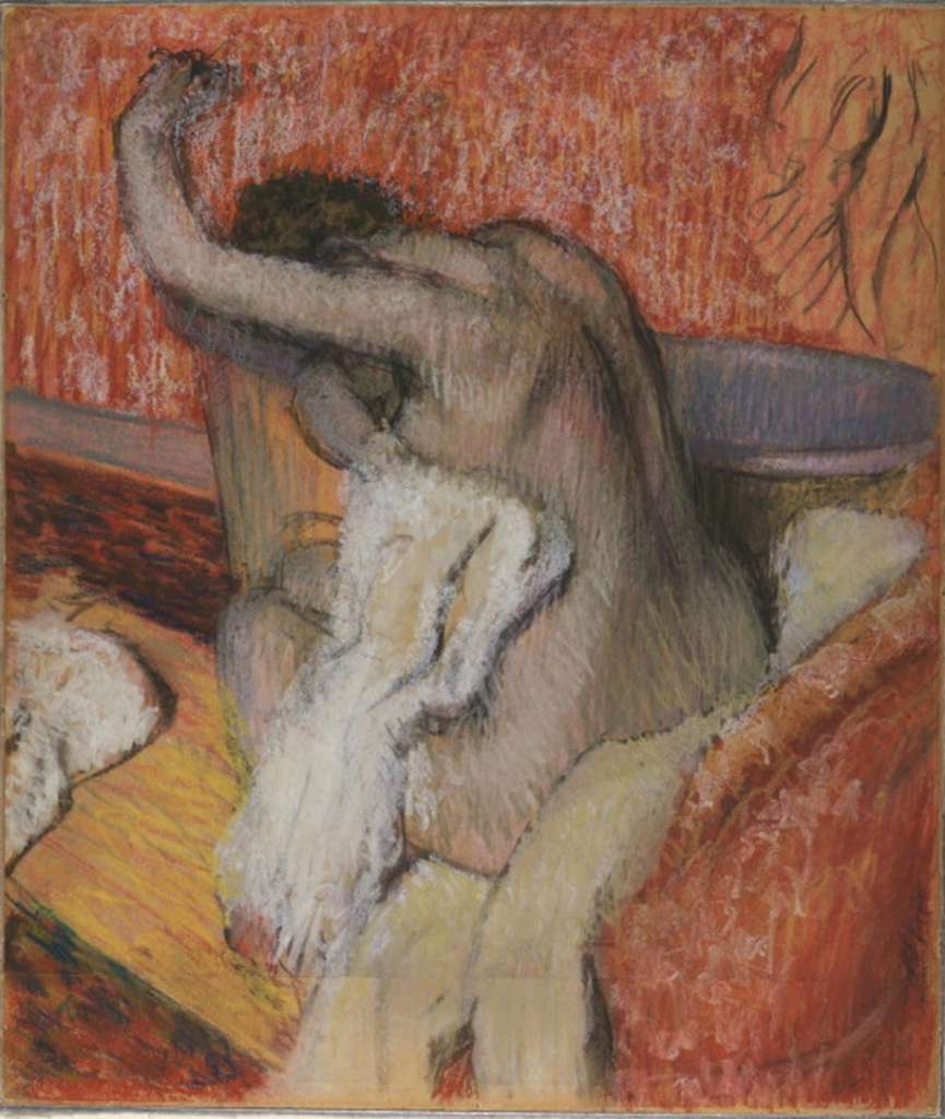 Courtauld 11 Edgar Degas - After The Bath - Woman Drying Herself 11. Edgar Degas - After the Bath Woman - Drying Herself. 1889-90, 68 x 58cm. From the mid-1880s onwards, the subject of women bathing in tubs or drying themselves became one of Degas central preoccupations. His aims in his pictures of bathing women were to show a human creature occupied with herself  a cat who licks herself. Hitherto, the nude has always been represented in poses which presupposes an audience, but these women of mine are honest and simple folk, unconcerned by any other interests than those involved in their physical condition  It is as if you looked through a key-hole.